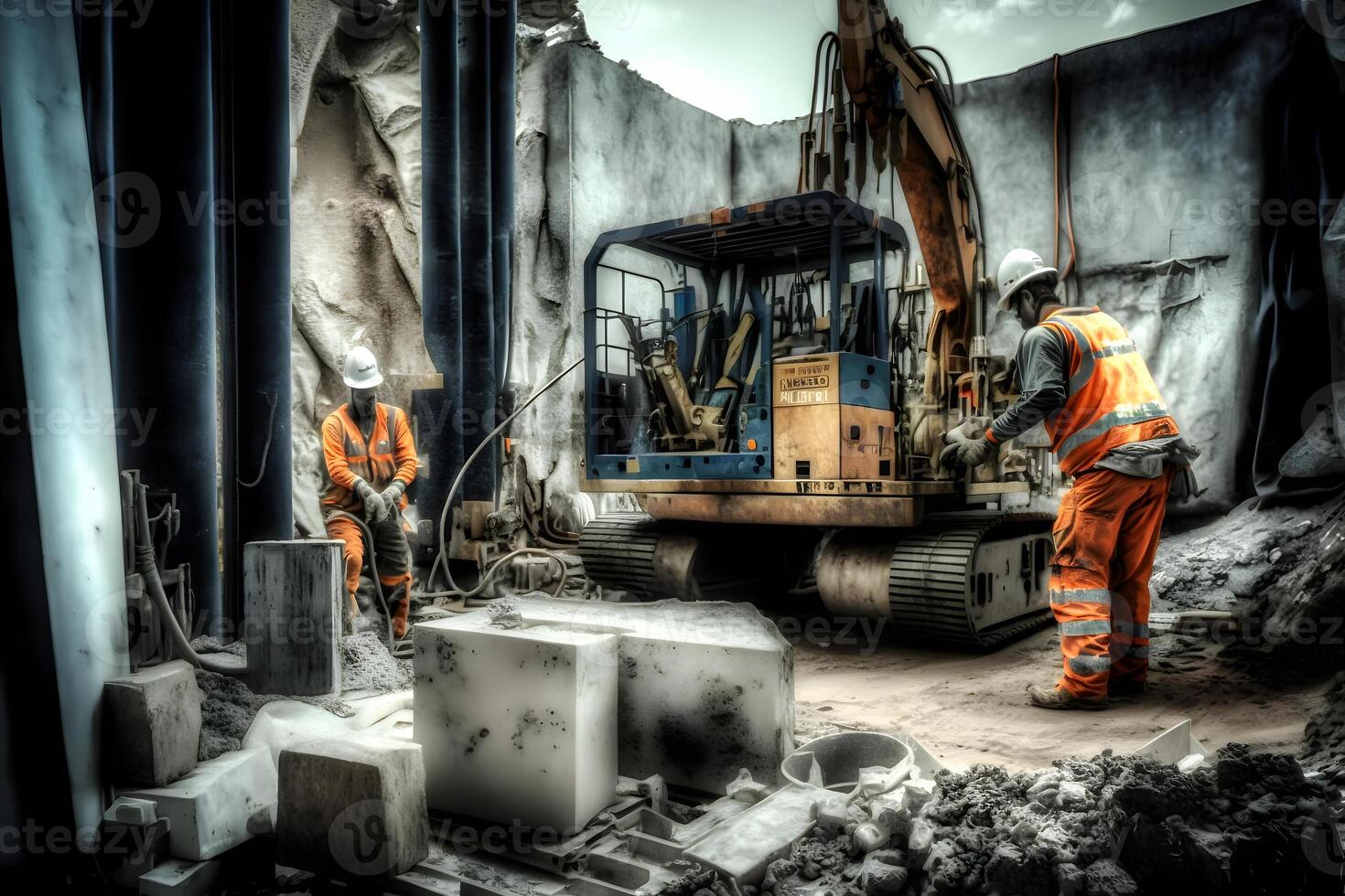 Group of civil engineers in standard uniform. Neural network photo