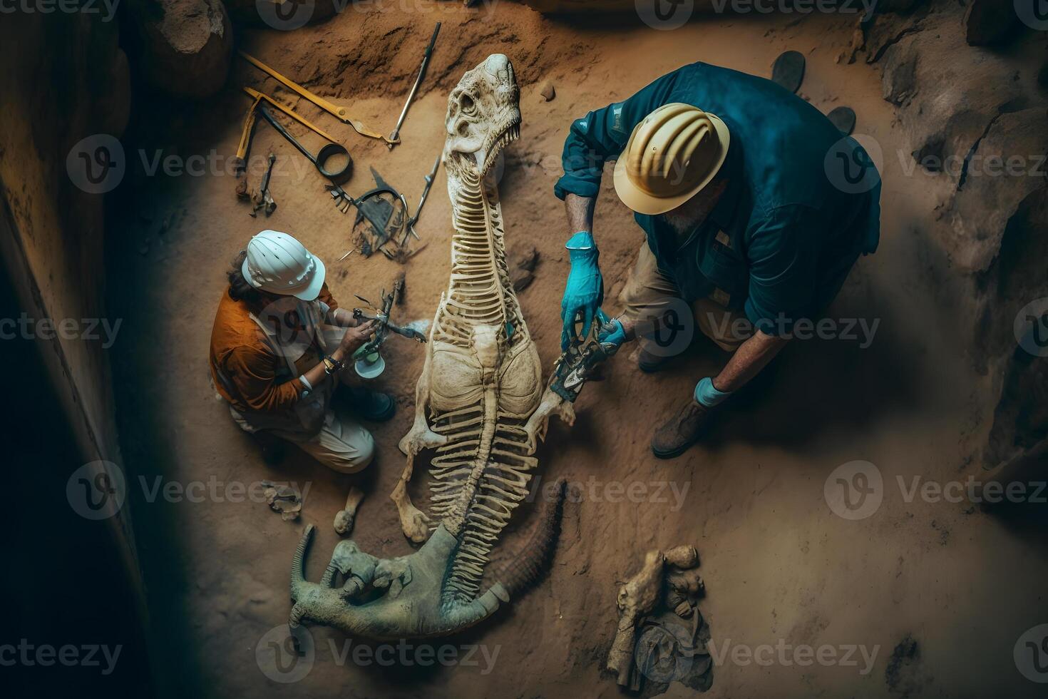 Archaeologist works on an archaeological site with dinosaur skeleton in wall stone fossil tyrannosaurus excavations. Neural network photo