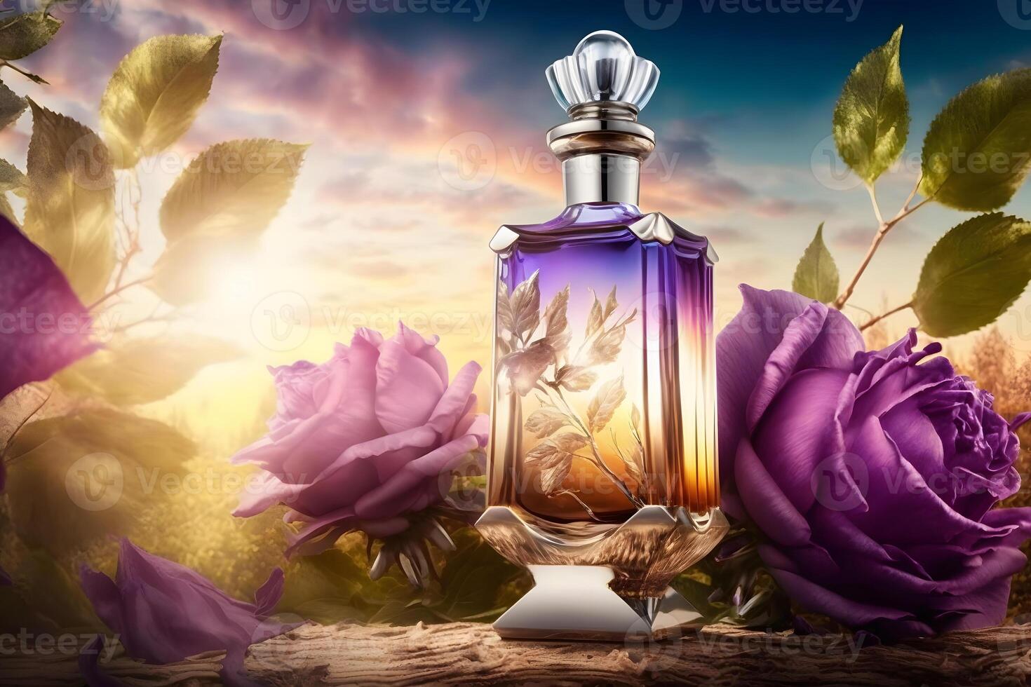 Beautiful perfume bottle with flowers against the sky. Neural network photo