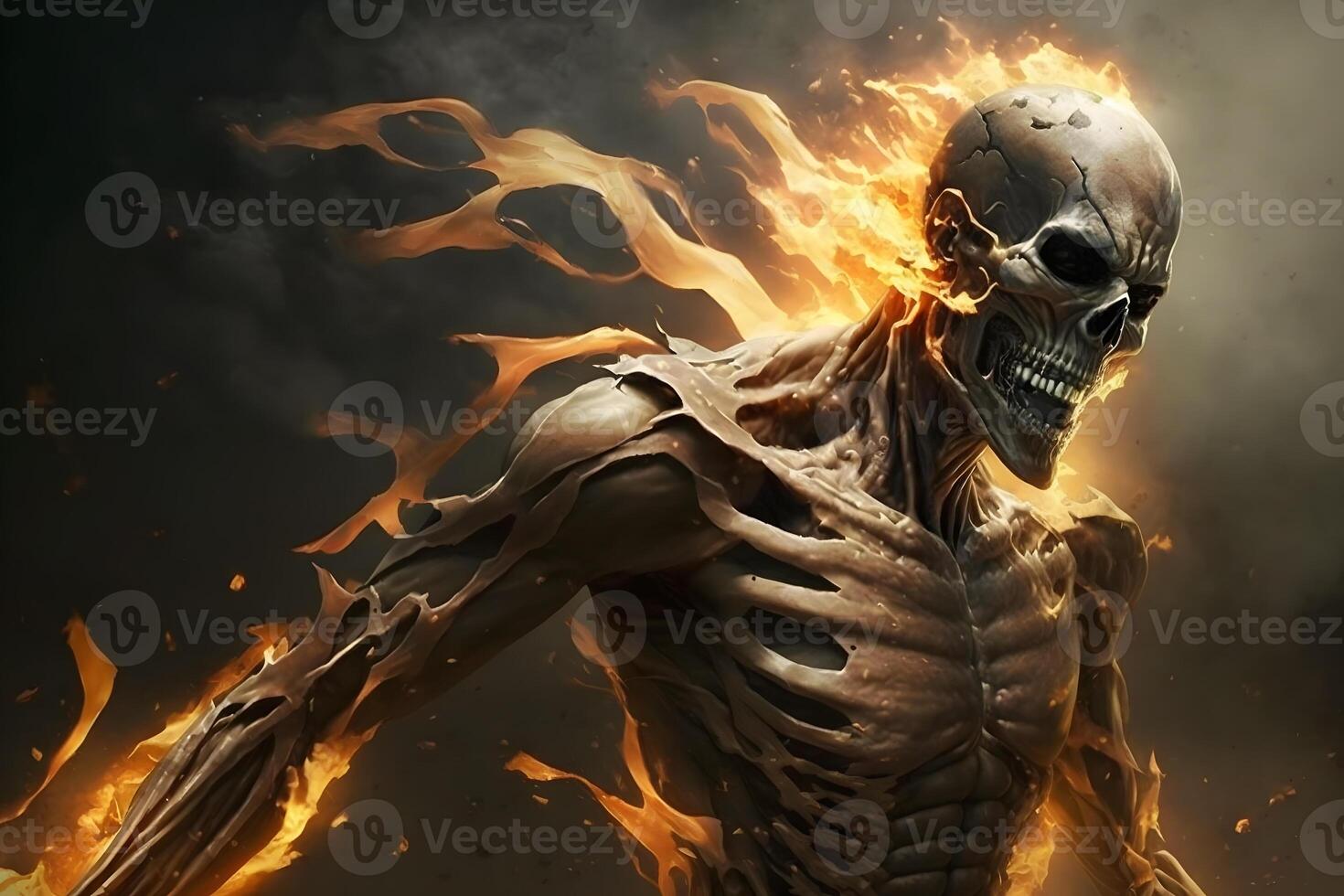 Skeleton of Demon Warrior in Fire with Generative AI Technology