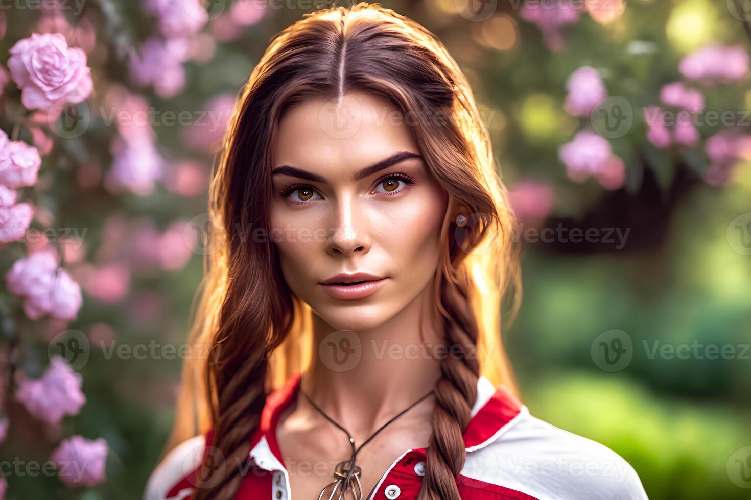 Beautiful woman with long braids in the garden. Neural network photo