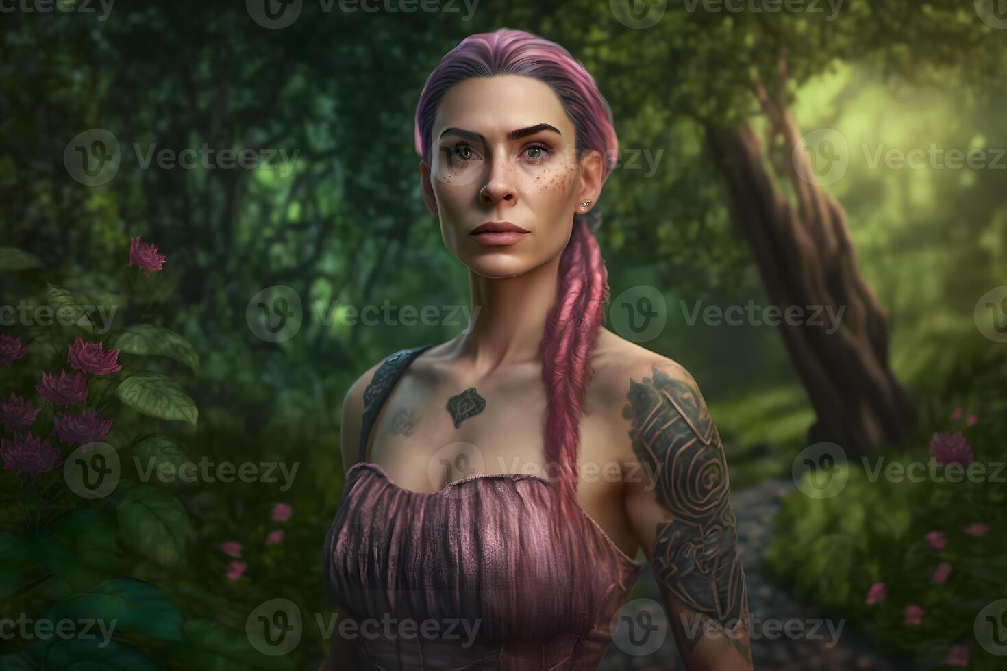 Beautiful woman with long braids in the forest. Neural network photo