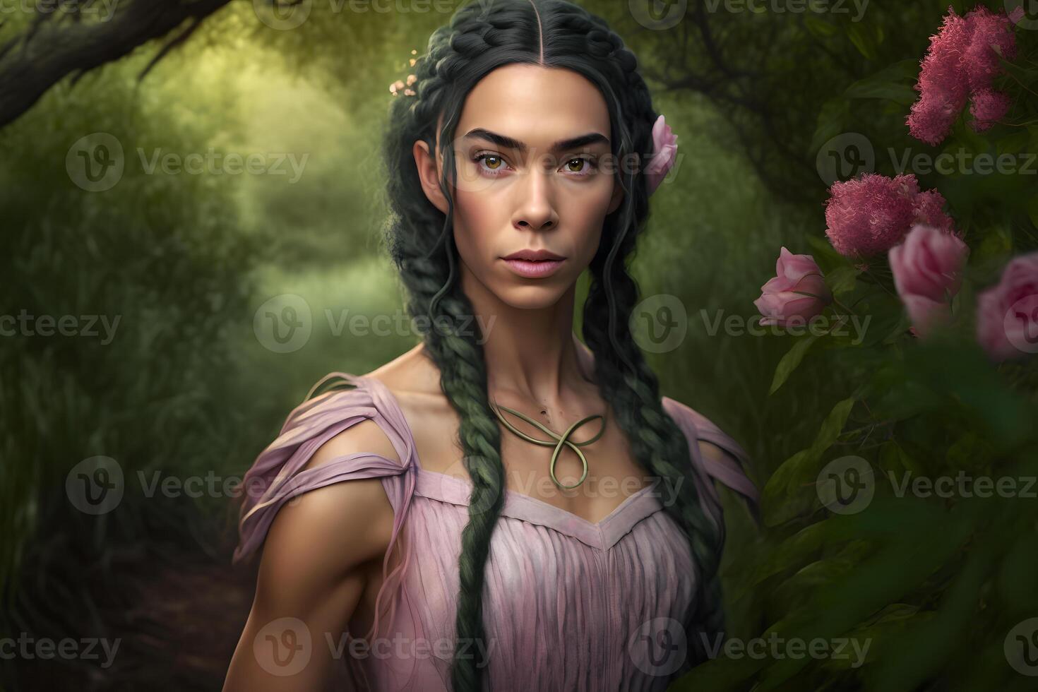 Beautiful woman with long braids in the forest. Neural network photo