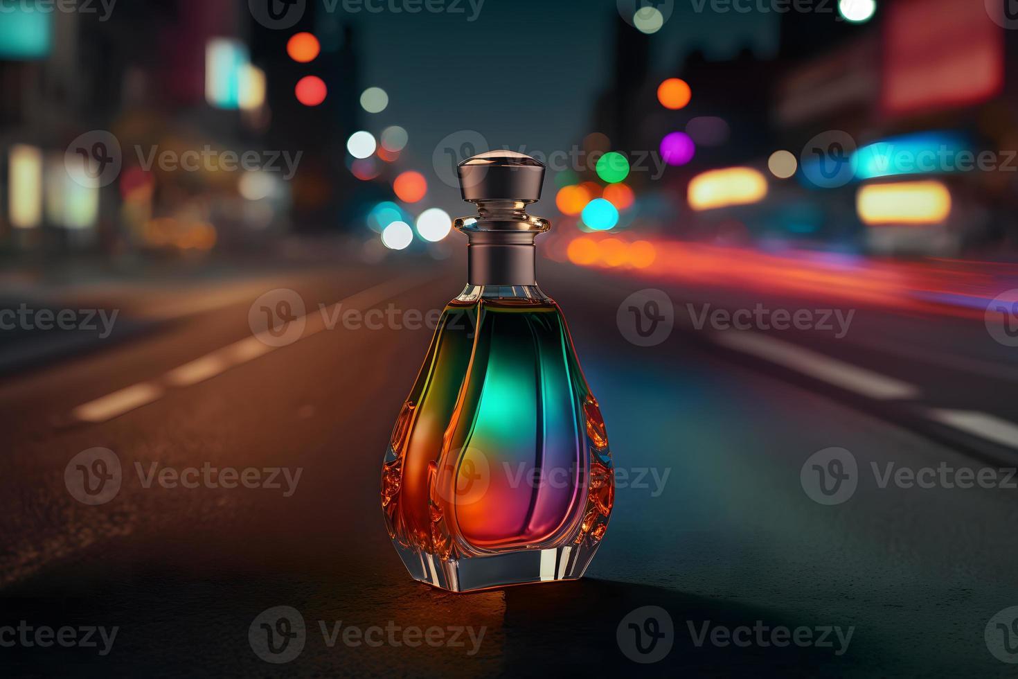 Perfume bottle against the backdrop of night city lights. Neural network generated art photo