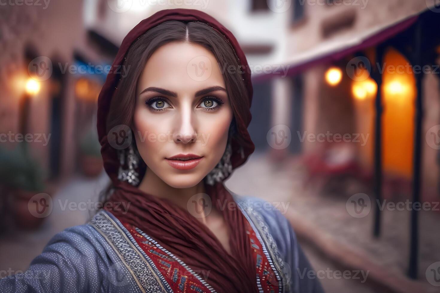 Portrait of young muslim woman wearing hijab head. Neural network photo