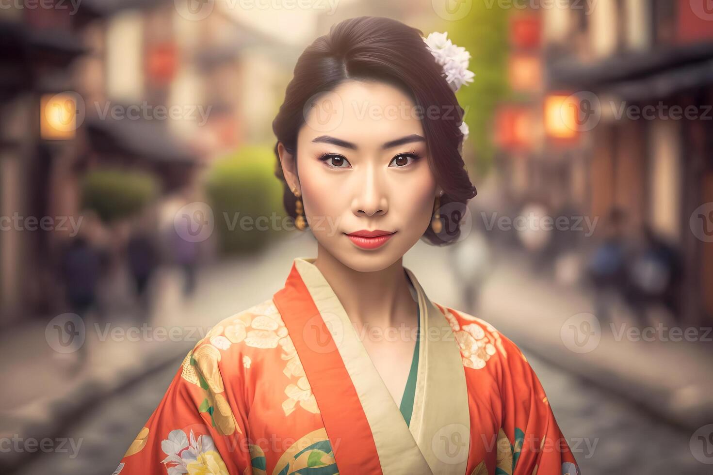 Portrait of a Japanese woman in national clothes. Neural network photo