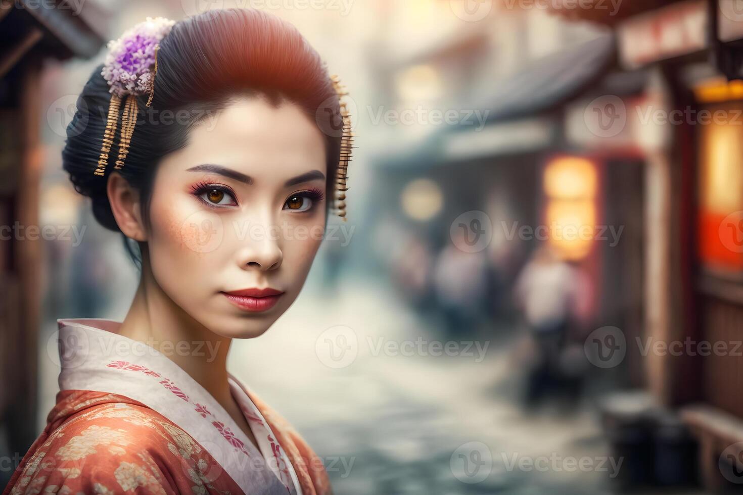 Portrait of a Japanese woman in national clothes. Neural network photo