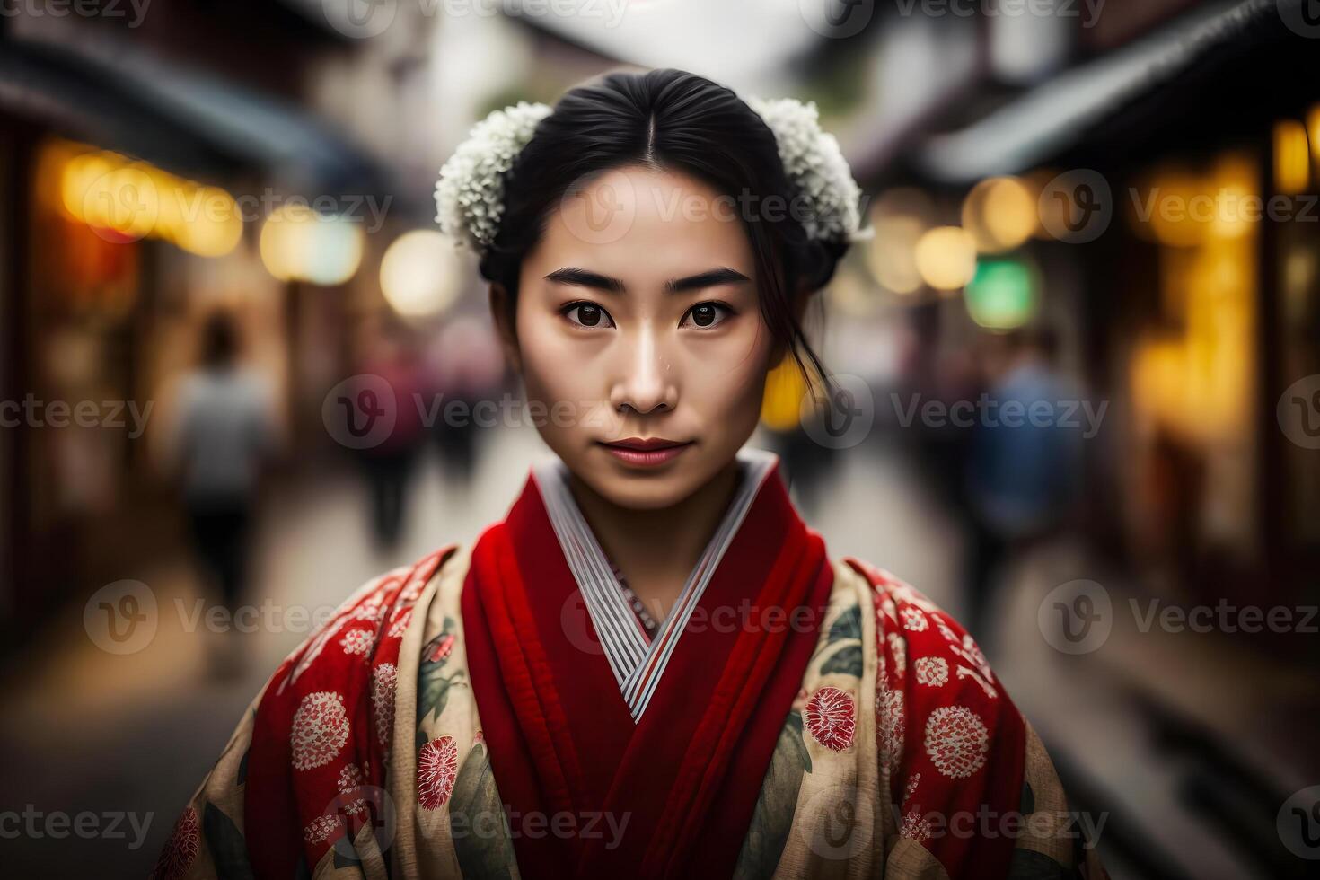 retrato de un japonés mujer en nacional ropa. neural red ai generado foto