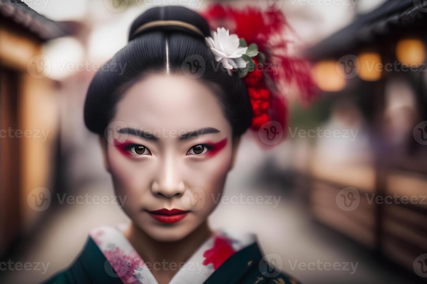 retrato de un japonés mujer en nacional ropa. neural red ai generado foto