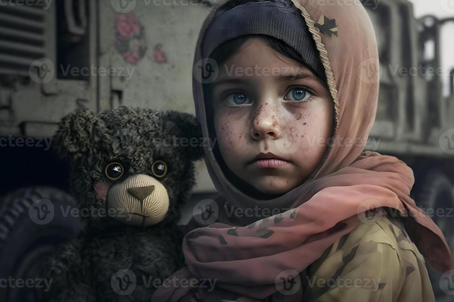 Little girl with a teddy bear during the war. Evacuation children. Neural network photo