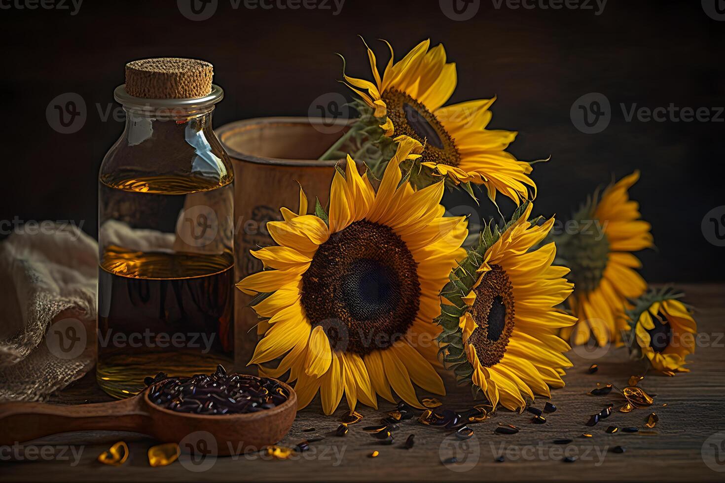 Rural still life sunflower oil in bottle with flowers of sunflower Helianthus annuus in dark light. Neural network photo