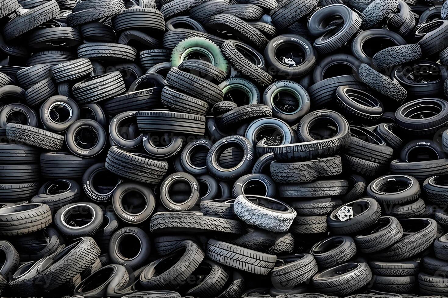 Old used car tires. A pile of black tires, abstract background. Neural network photo