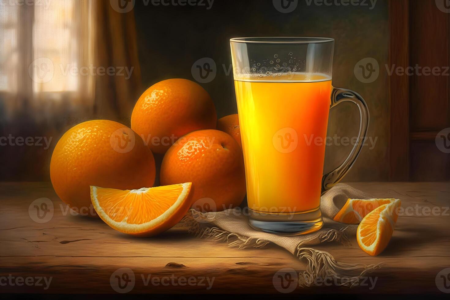 Glass of fresh orange juice with fresh fruits on wooden table. Neural network photo