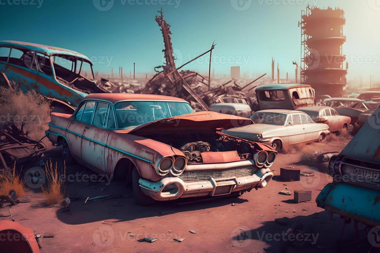 Cars graveyard, Pile of crushed and deformed cars waiting to be recycled in an old cars graveyard. Neural network photo