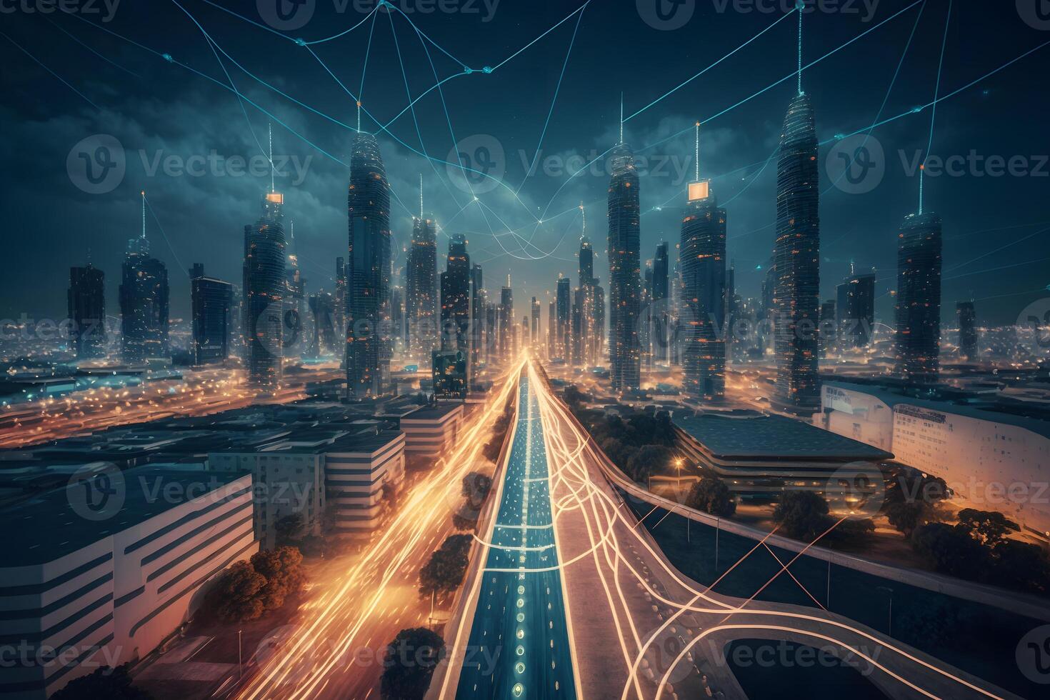 Smart city and abstract dot point connect with gradient line and aesthetic Intricate wave line design, big data connection technology concept. Neural network photo