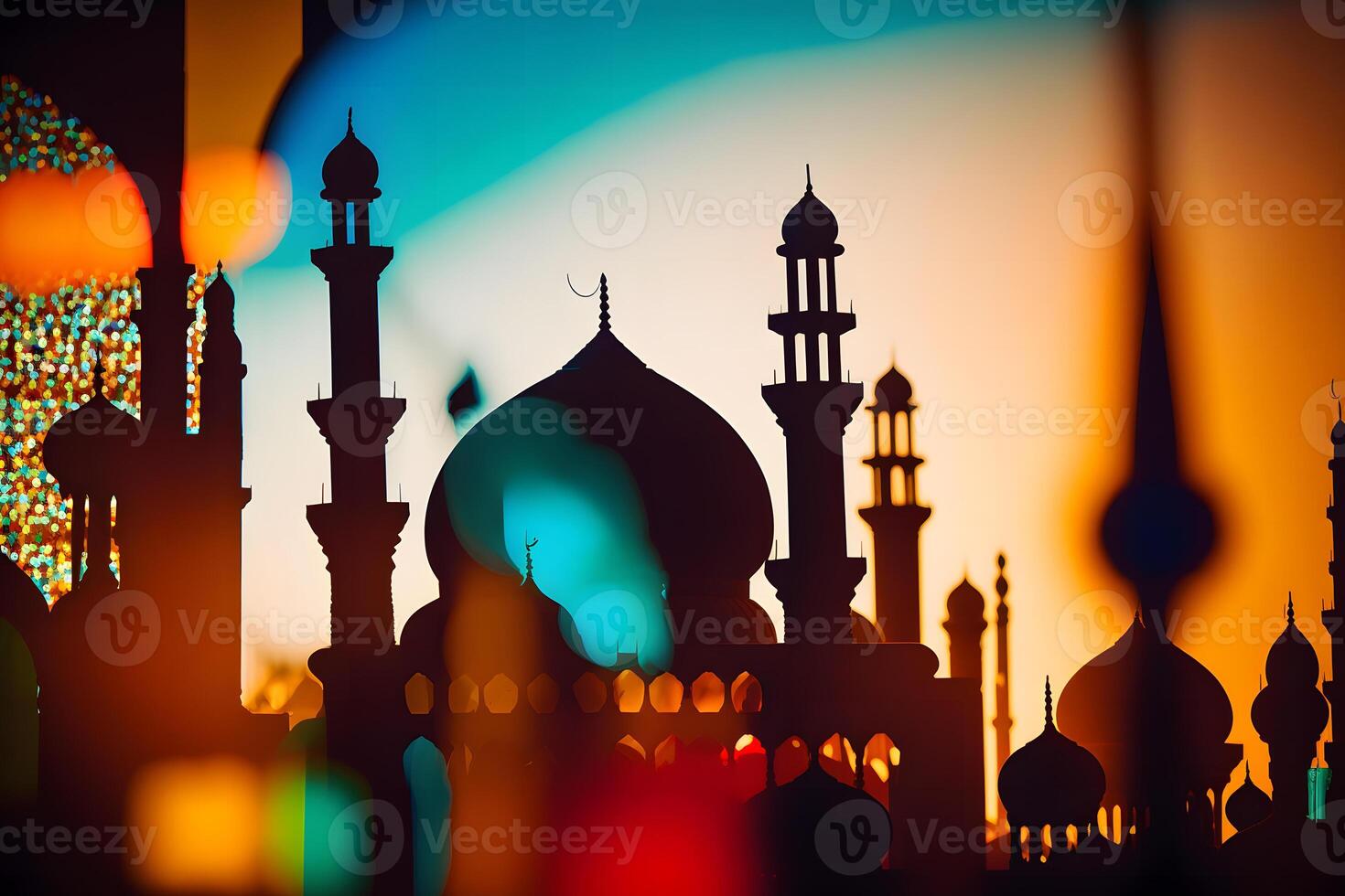 Silhouette Suleymaniye Mosque in Sunset City. Neural network photo