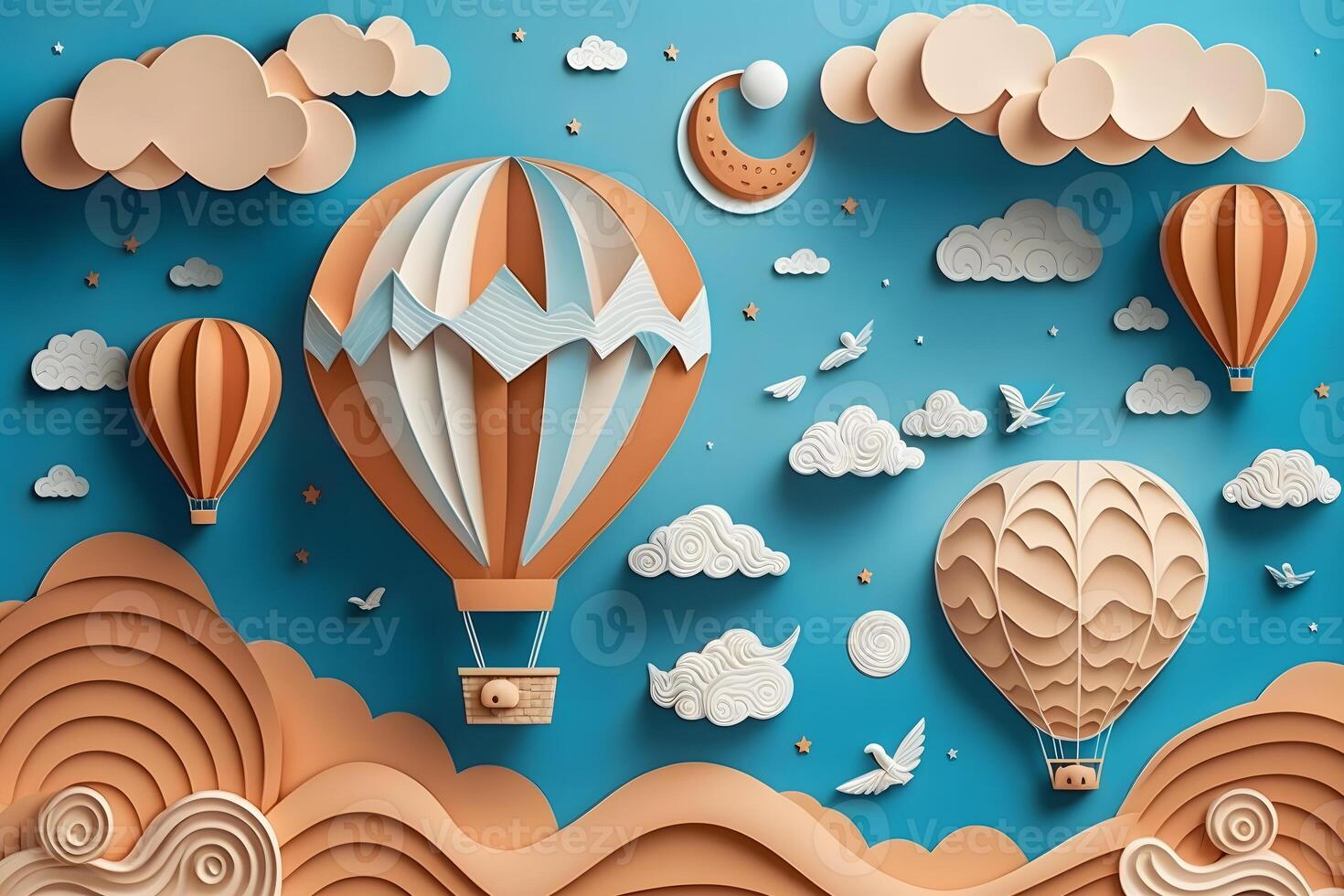 Hot air balloon, space elements shapes cut from paper. Creative concept for banner, landing, background designs. Neural network photo