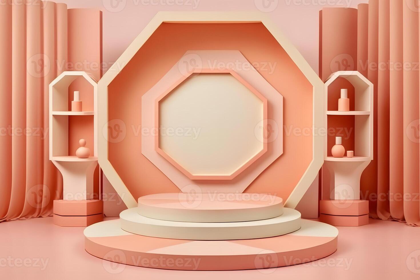 Abstract minimal scene - empty stage, cylinder podium and circle shape on pink background. Neural network photo