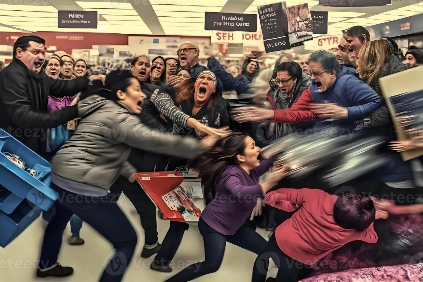 Crowd of people on black friday fighting for promotional goods. Neural network photo