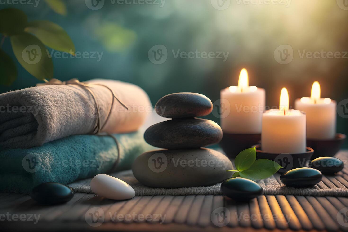 Beauty spa treatment and relax concept. Hot stone massage setting lit by candles. Neural network photo