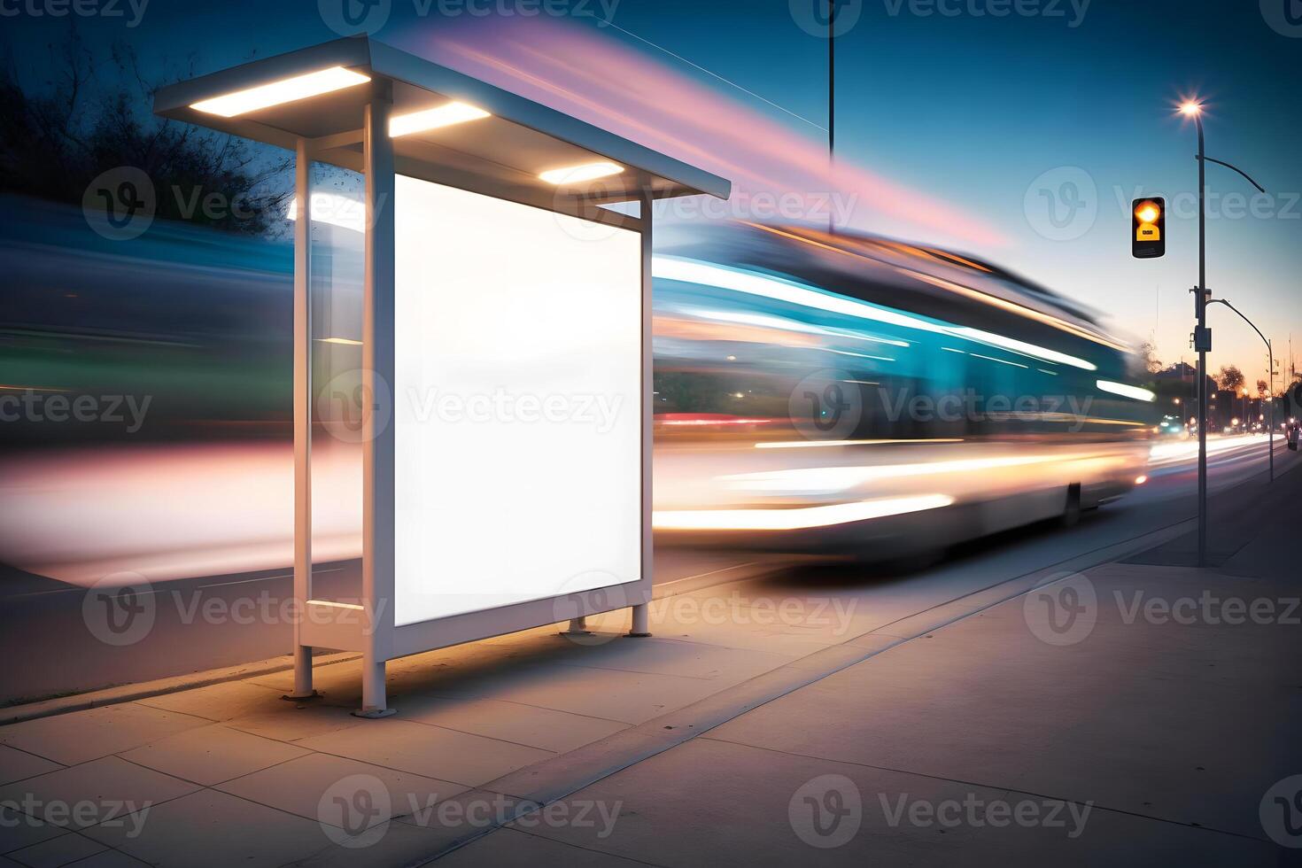 Blank advertising light box on bus stop, mockup of empty ad billboard on night bus station, template banner on background city street for text. Neural network photo