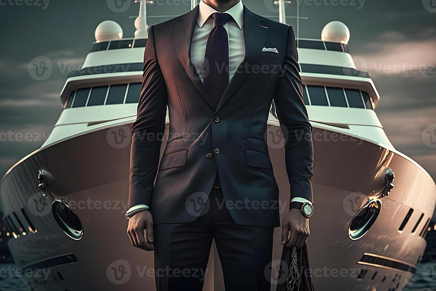 Confident successful businessman on the background of a private yacht. Neural network photo