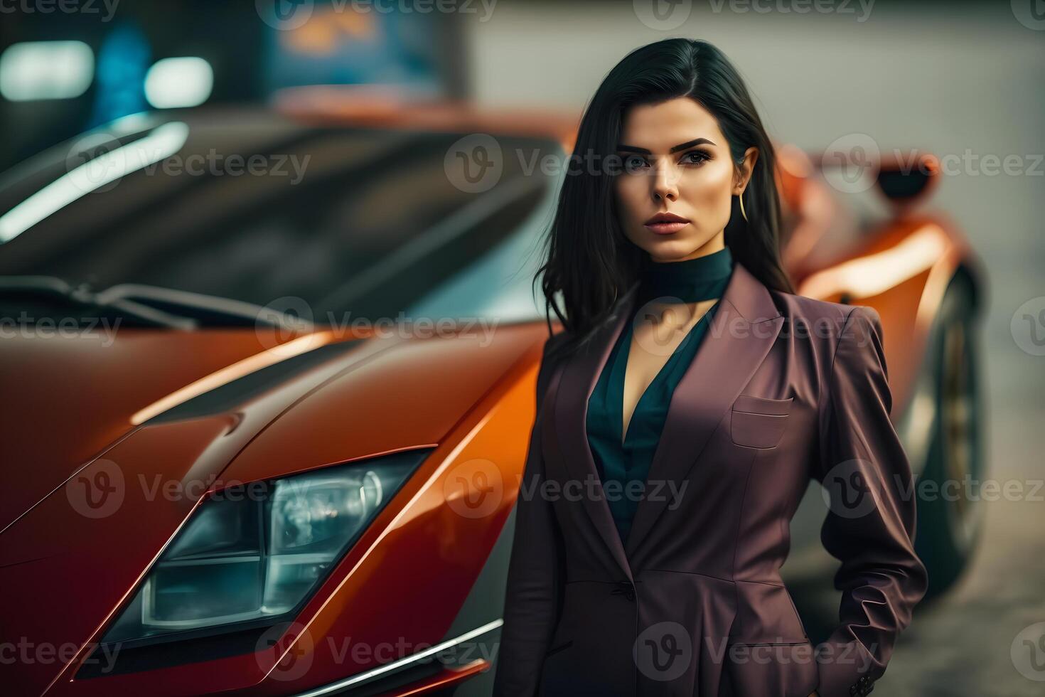 joven mujer de negocios con un coche. neural red ai generado foto