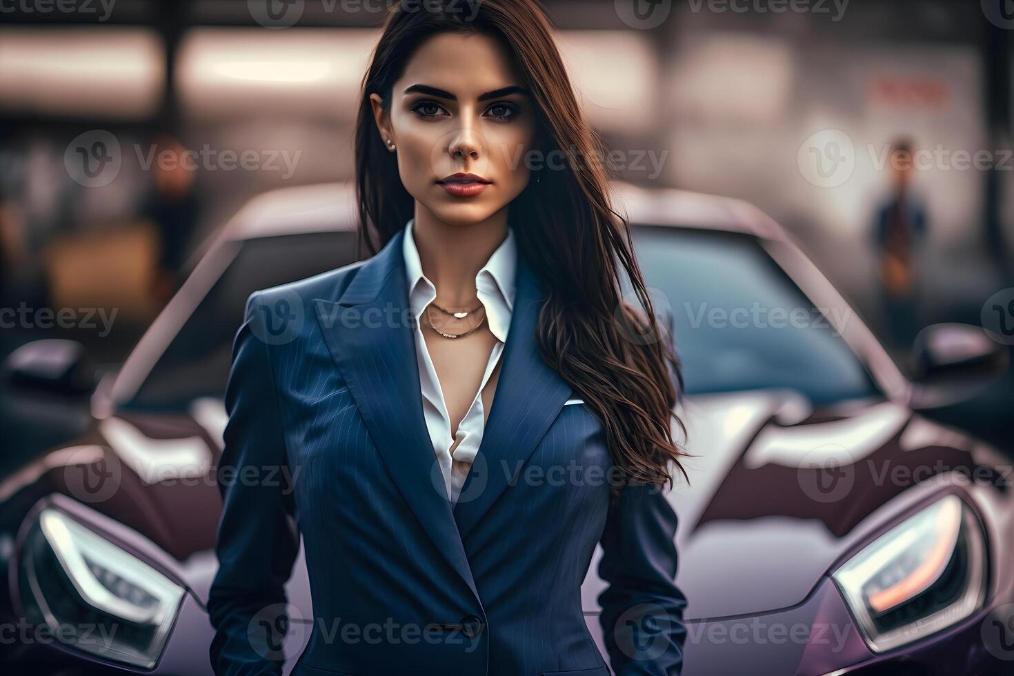 joven mujer de negocios con un coche. neural red ai generado foto