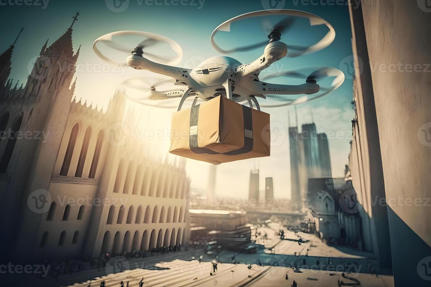 drone delivery delivering big brown post package into urban city. Neural network photo