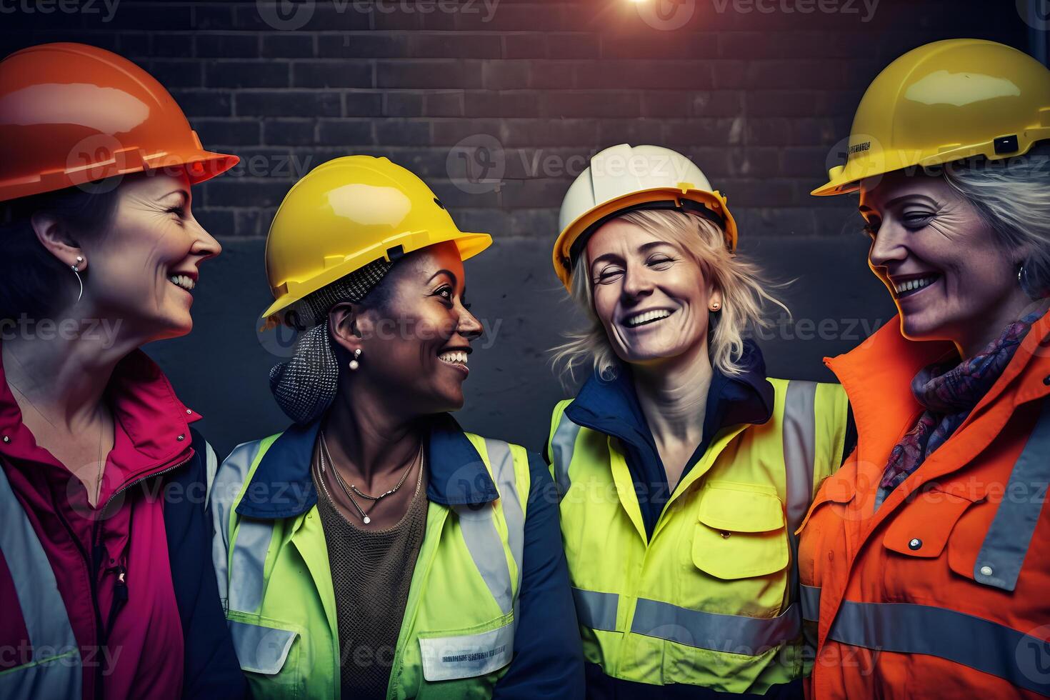 A team of female construction engineers. Female managers of different nationalities are working together. Neural network photo