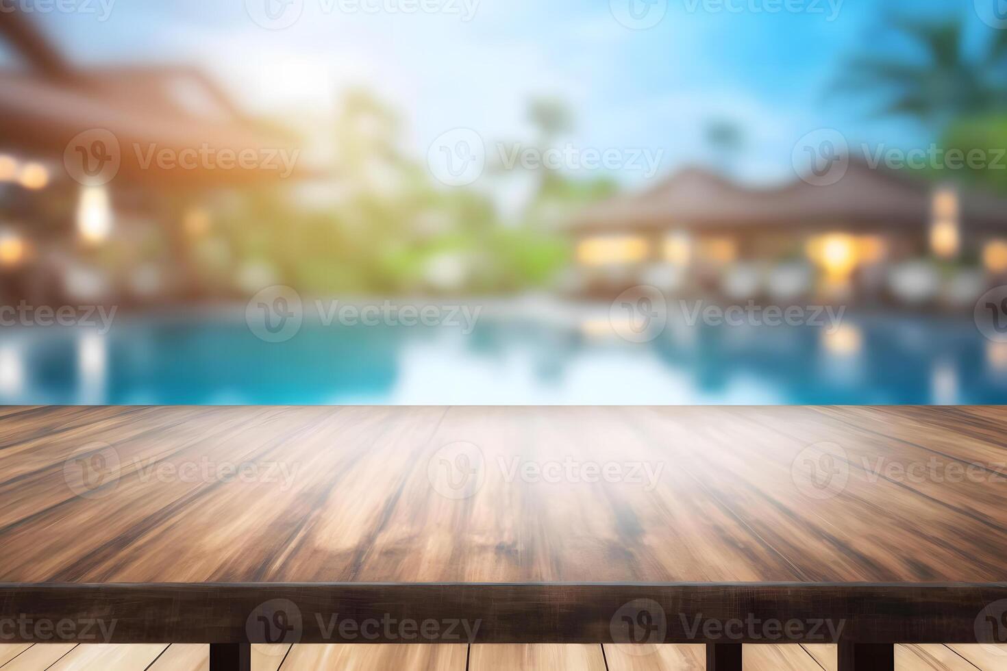 Empty wooden table in front with blurred background of swimming pool. Neural network photo