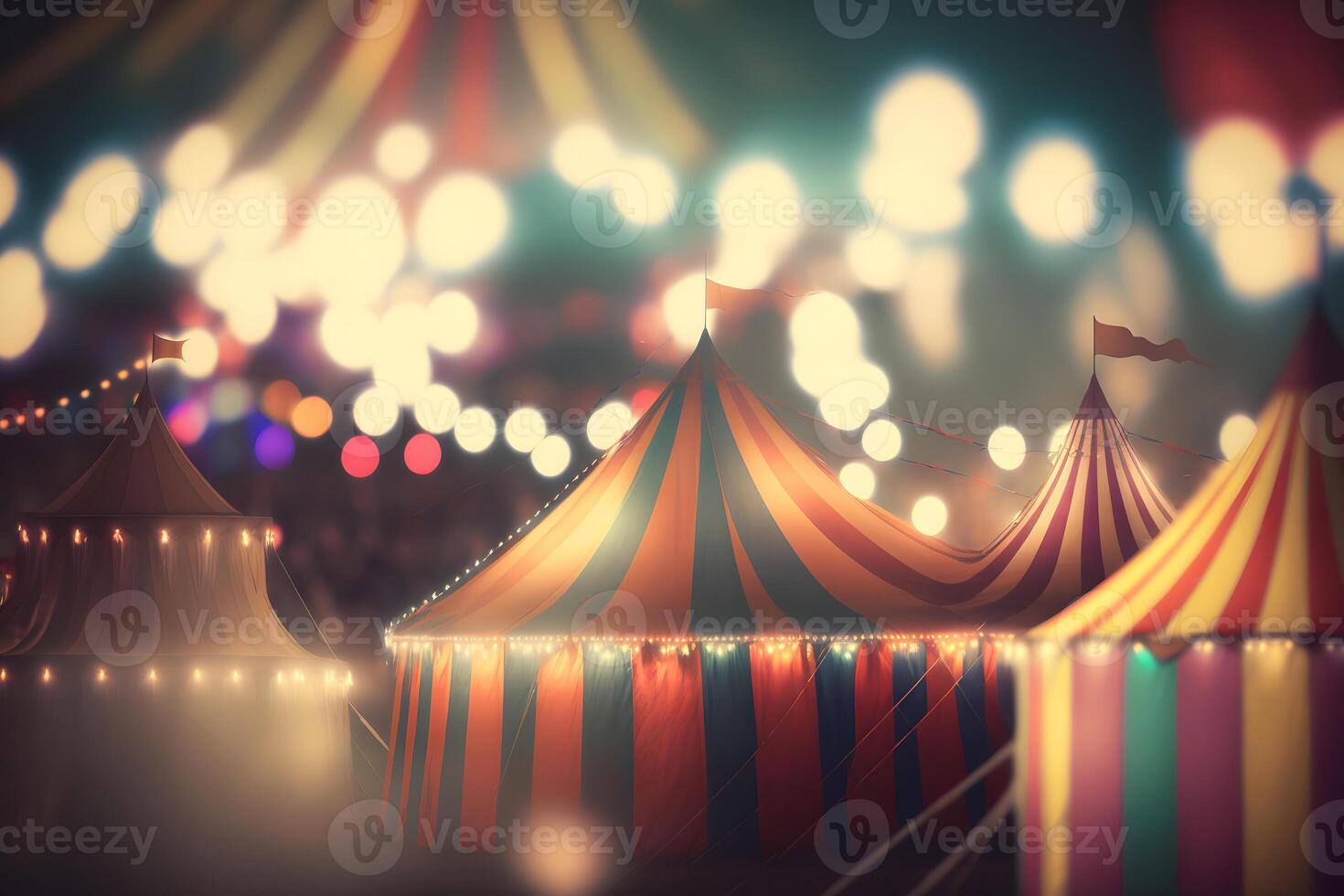 Night view of a circus tents and many light lamps with blurred background. Neural network photo