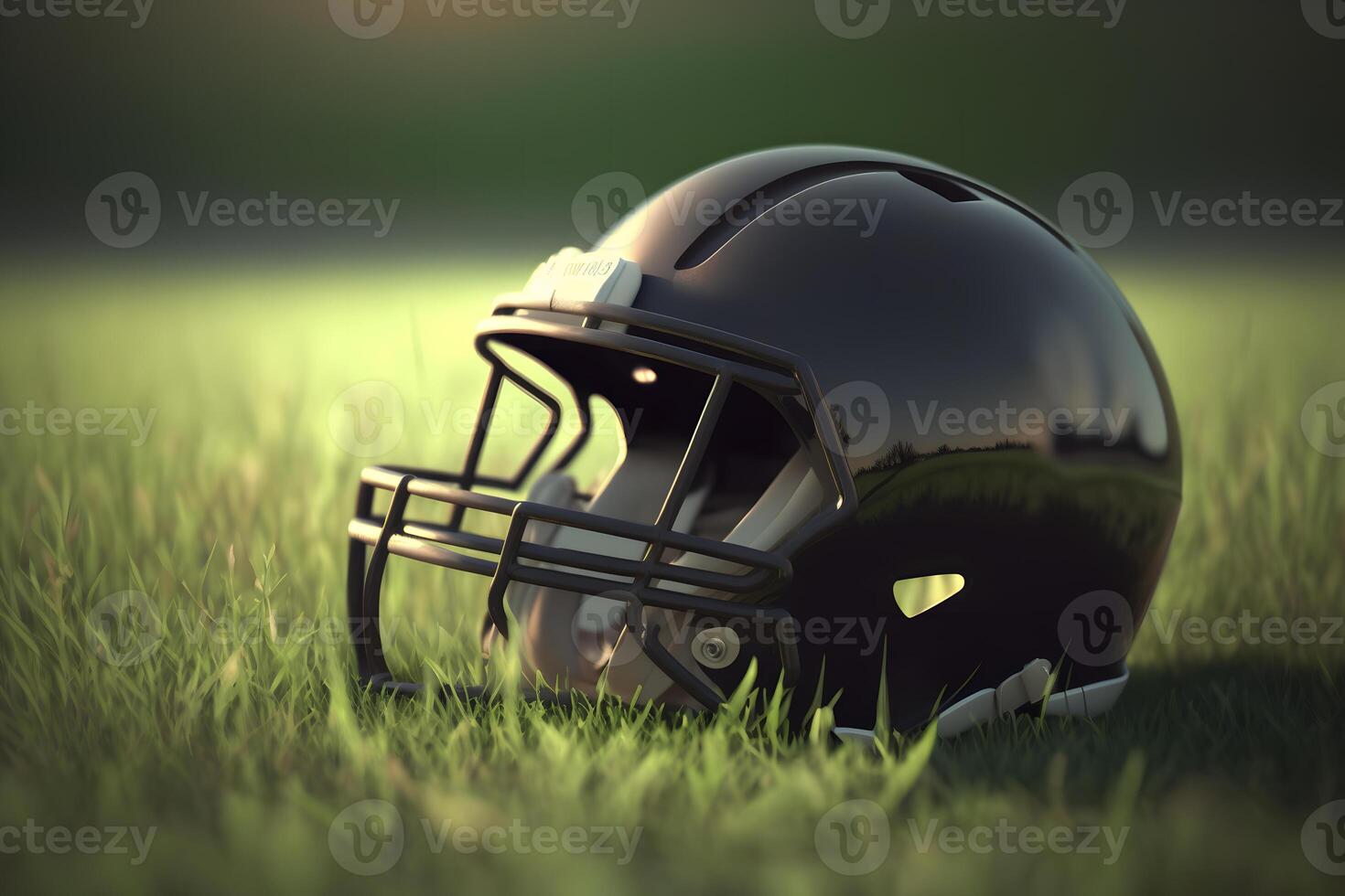 American football helmet on green grass. Neural network art photo