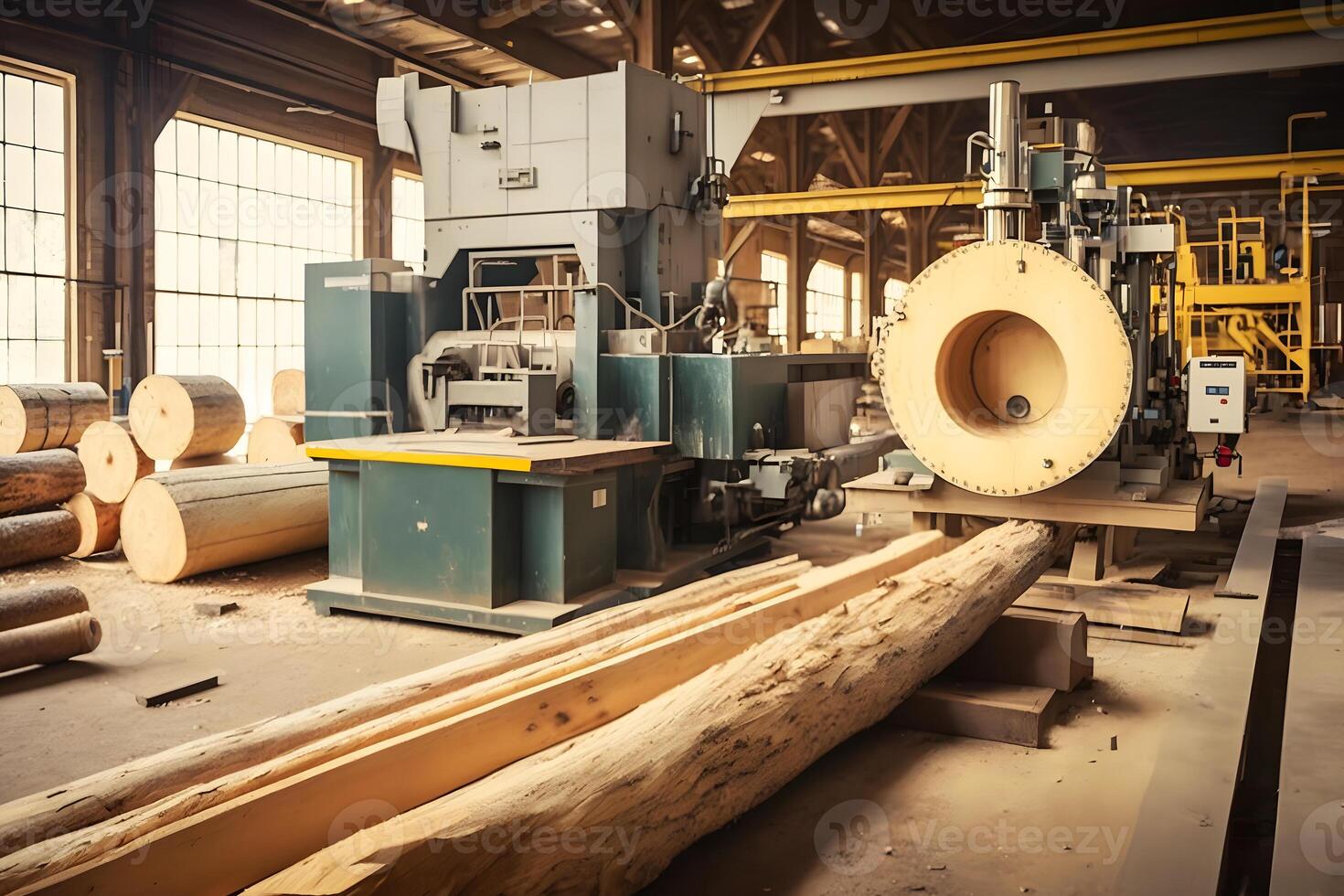 Woodworking sawmill production and processing of wooden boards in a modern industrial factory