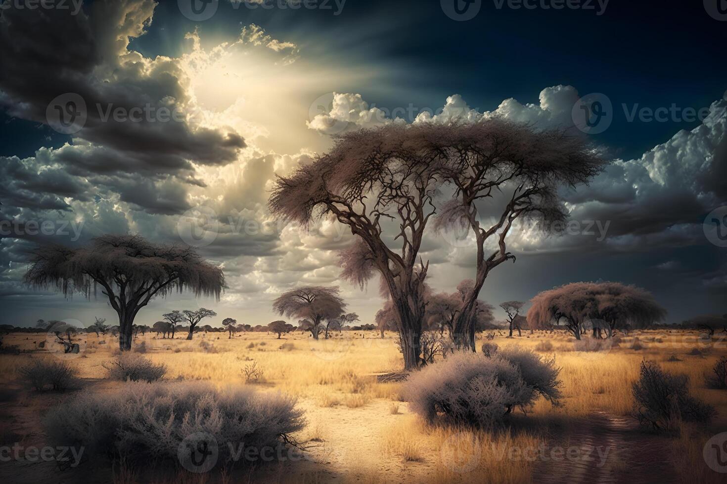 Sunrise over the savannah and grass fields in South Africa with cloudy sky. Neural network photo