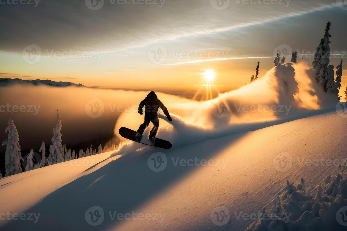 Young man snowboarder running down the slope in Alpine mountains. Winter sport and recreation. Neural network photo