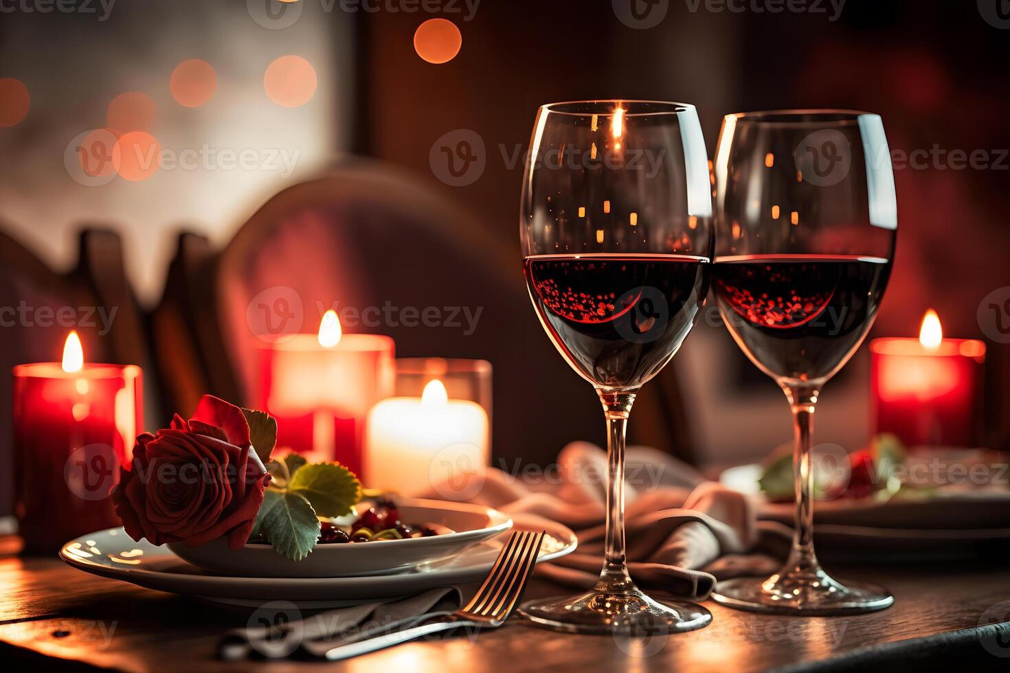 Glasses of red wine in a restaurant. romantic dinner. Neural network photo