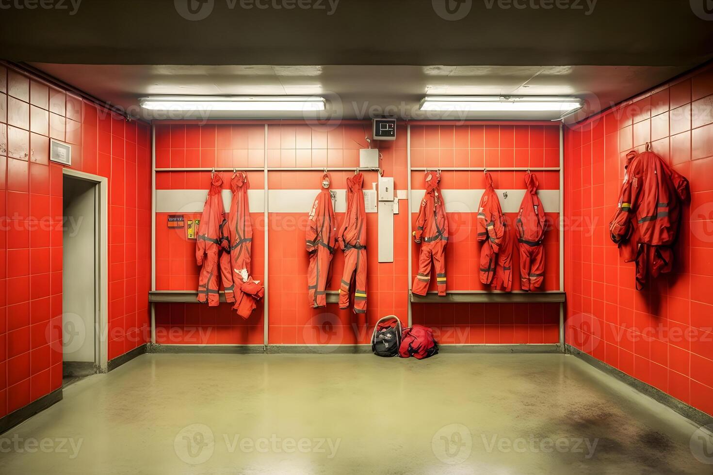Locker room of a fire department with protection uniforms and helmets