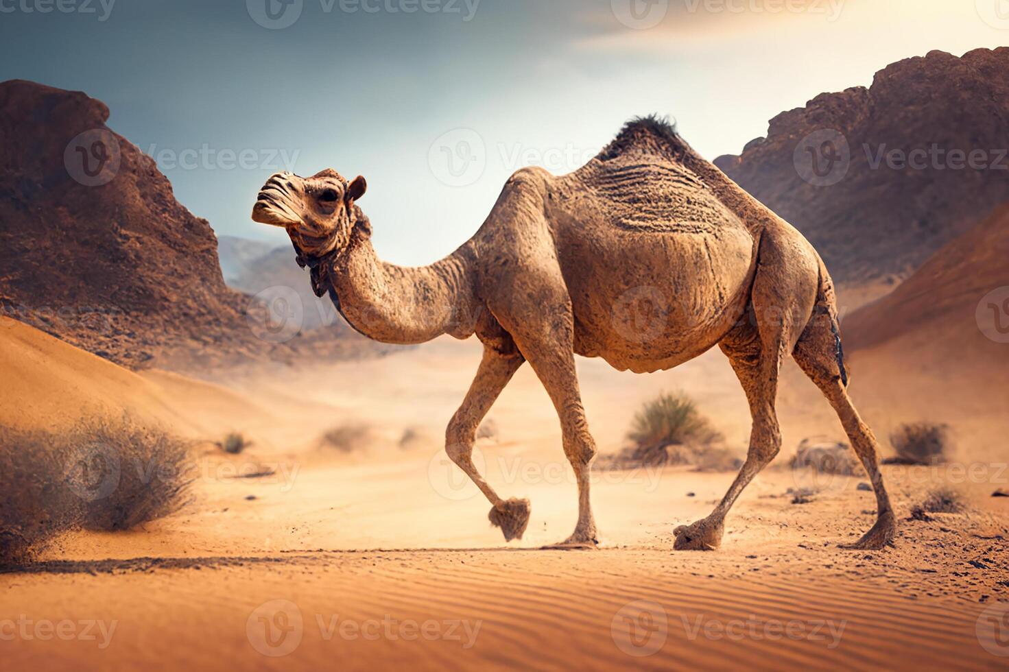 A wild camel walks through the Sahara Desert. photo