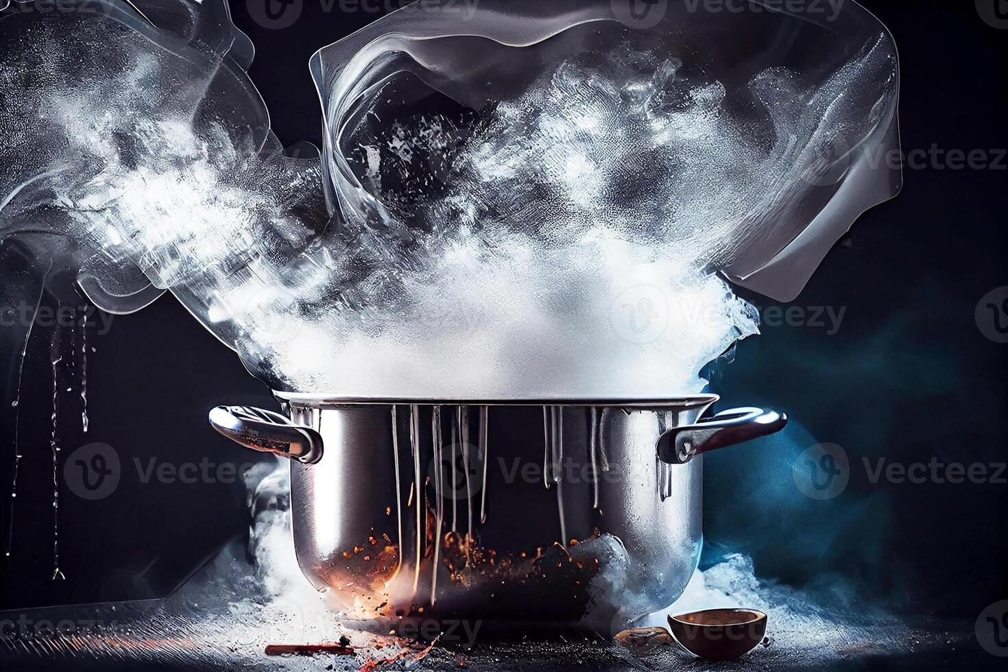 Metal pot with open lid and hot food with steam coming from it. Dark  background. The chef. Generative AI 22771509 Stock Photo at Vecteezy