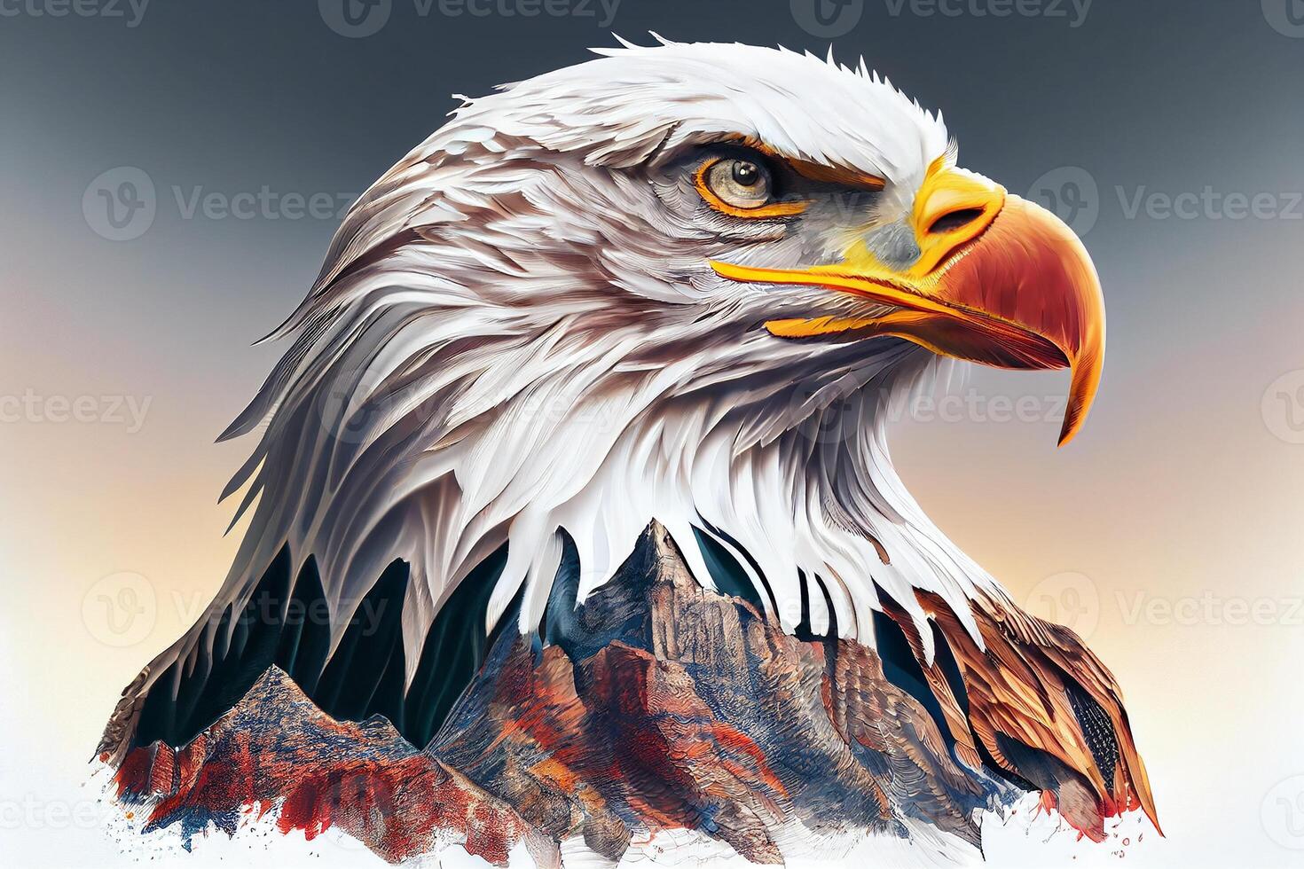 A white eagle in the Rocky Mountains with the American flag. photo