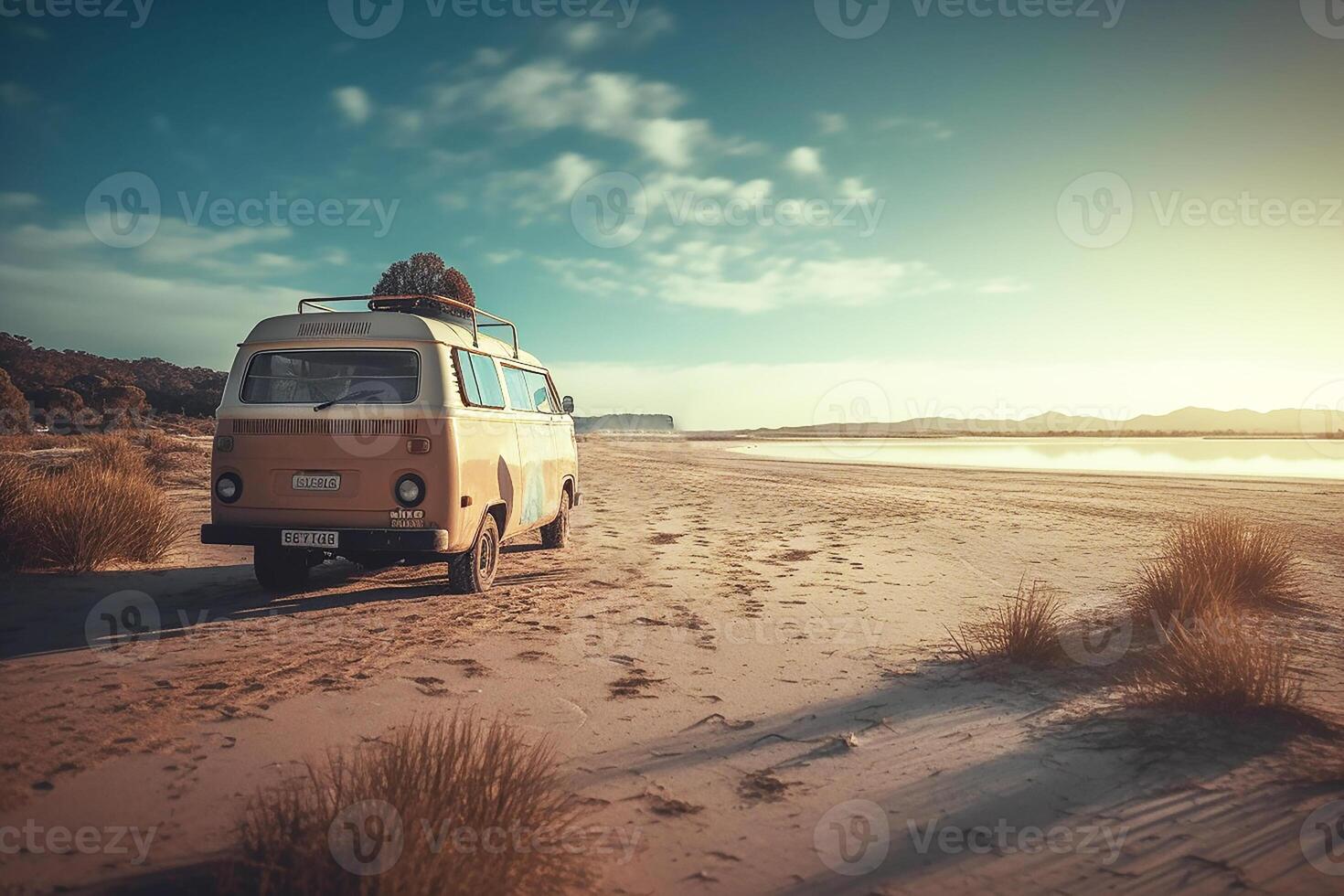 Van on the wild sandy seashore, auto travel. photo