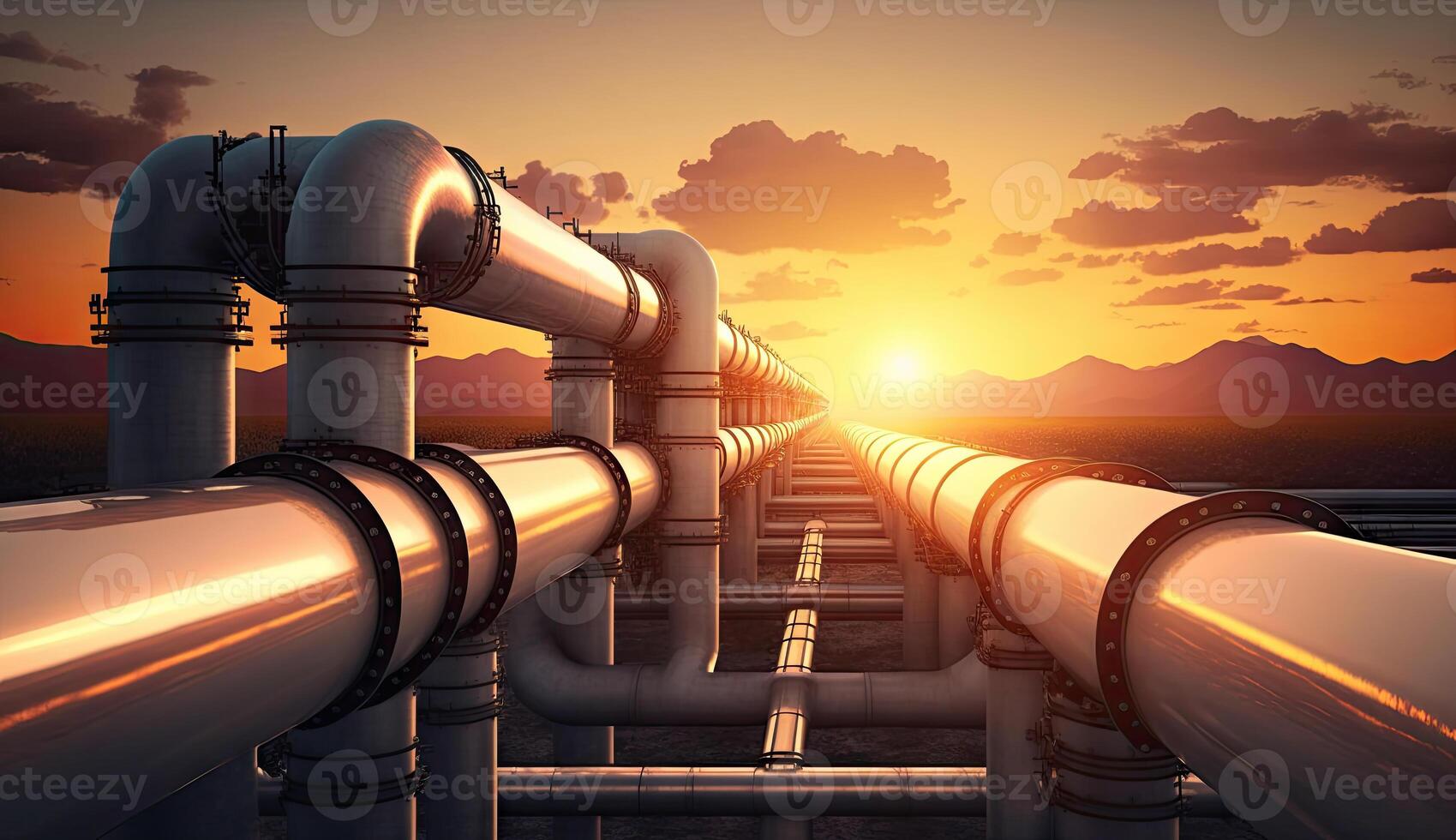 Industry pipeline or rack transport petrochemical, gas and oil processing, factory turbine line, rack of heat chemical petroleum, equipment steel pipes, with . photo