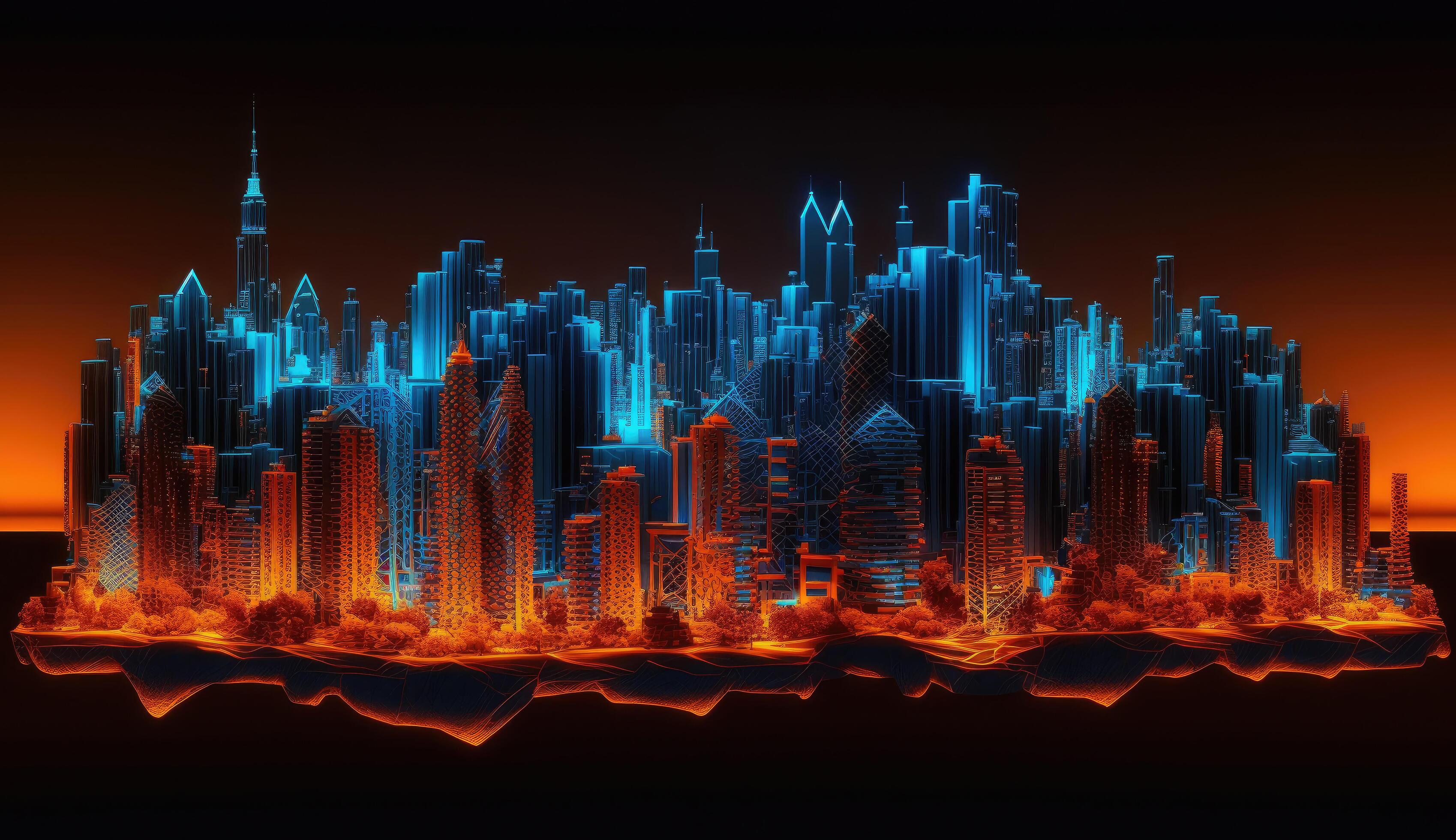 Blue and orange color Neon mega city capital towers with futuristic