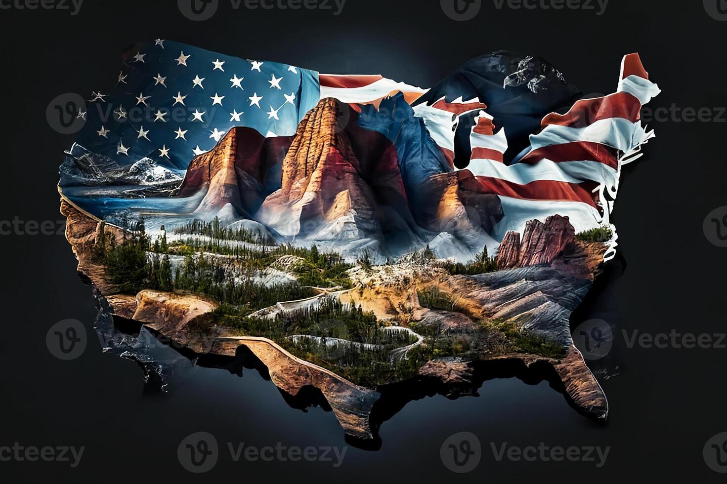 U.S. flag on the background of a map of the country with elements of natural features. photo
