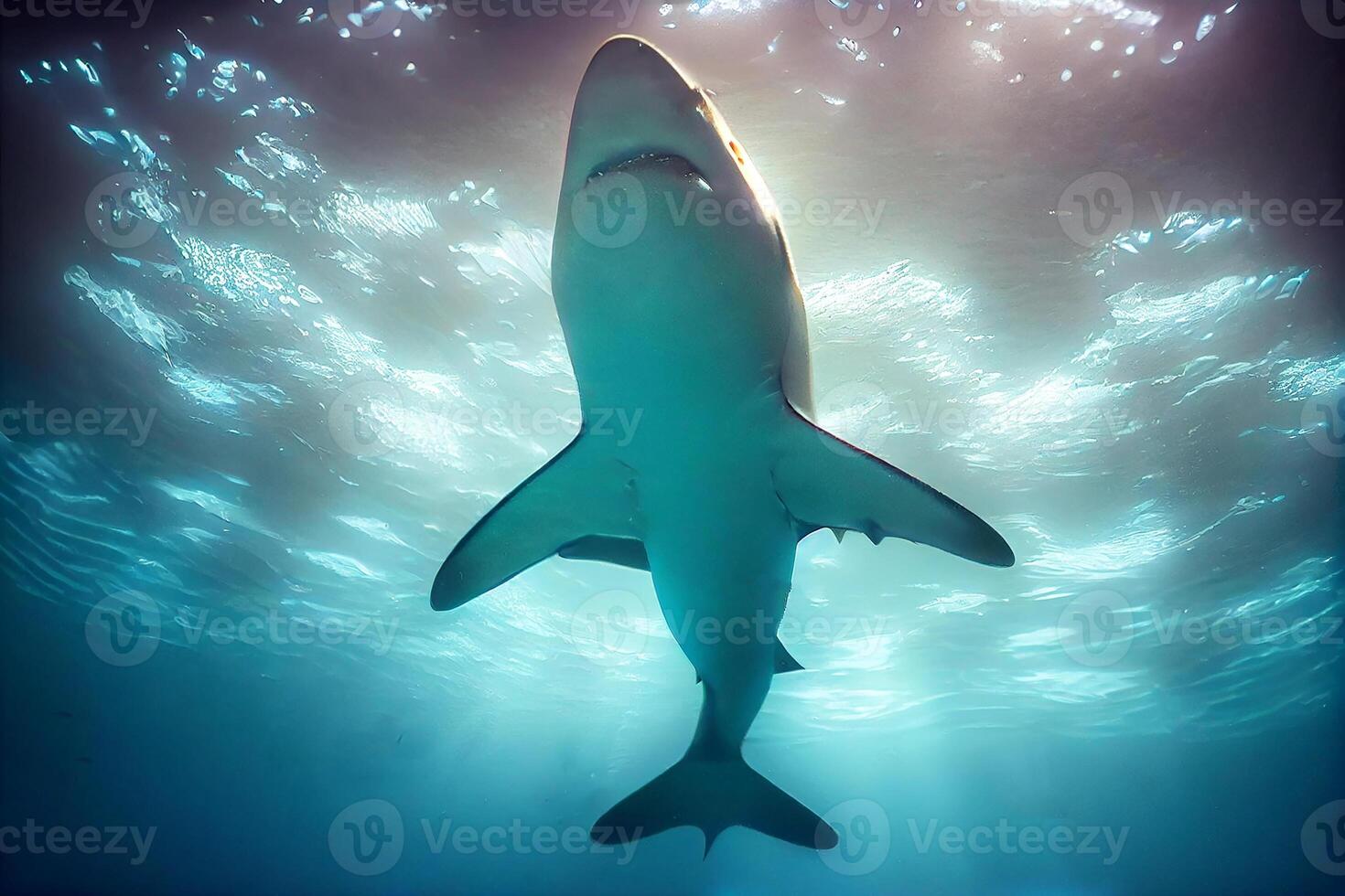 A great white shark swims in the ocean, view from below. photo