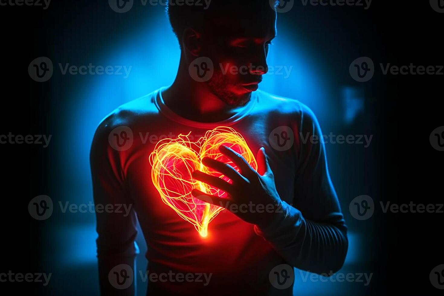 A man covers his hands with his heart illuminated in red. Prevention of cardiovascular disease. photo