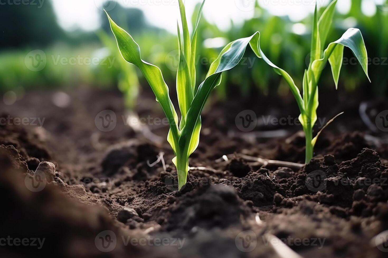 joven verde dispara, coles en un agrícola campo. maíz coles de cerca. generativo ai foto
