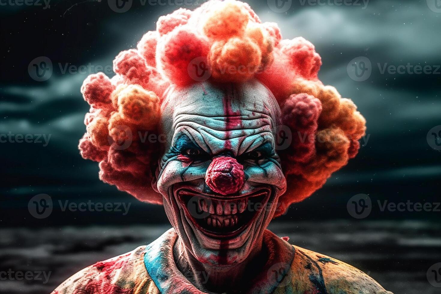 A nuclear explosion, a laughing clown with colorful hair in the shape of an explosion. photo