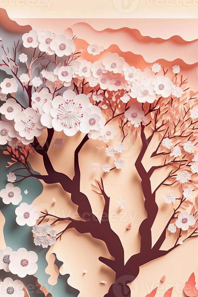 Paper cut spring floral design for card with blooming cherry blossom tree photo